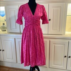House of Harlow 1960 Pink Ruched Midi Dress with Puff Sleeves